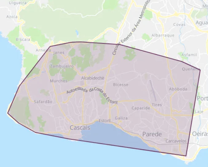 Map of the Cascais Area: the zone outlined by the perimeter, from Cascais and Estoril to Parede, Carcavelos, Alcabideche and Murches